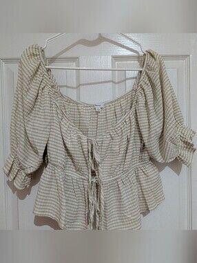Cream Striped Peplum Tie-Front Blouse